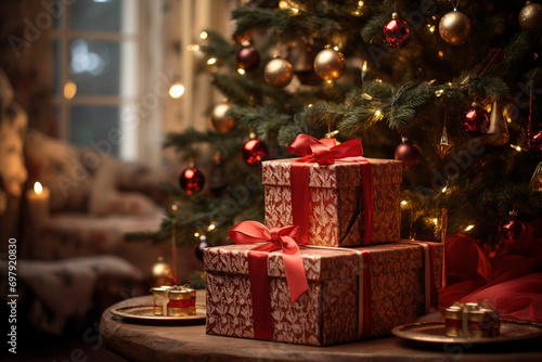 gift box on table and christmas tree with light bokeh. Generative ai. © Thodsapol