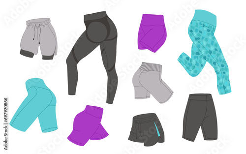 Female fitness shprts and leggings vector set. Woman's sports clothes flat design. Isolated illustrations on a white background. Ideal for design sports content, stickers and print.