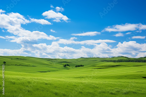 natural scene beautiful green hill with blue sky. Generative ai.