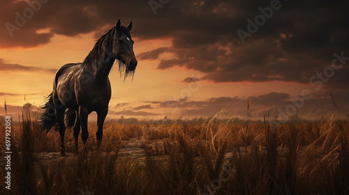 Horse in field Powerful Funky Seasons Generative AI photo