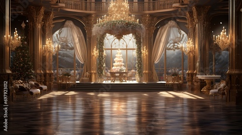 Create an exquisite 8K image of a grand New Year's ballroom, elegantly adorned with luxurious decorations, chandeliers, © juni studio