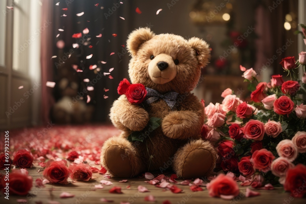 A curious teddy bear, its fluffy fur ruffled from its previous adventures, eagerly attempting to climb a bouquet of delicate roses. The scattered petals hint at the bear's playful nature. A curious teddy bear, its fluffy fur ruffled from its previous adventures, eagerly attempting to climb a bouquet of delicate roses. The scattered petals hint at the bear's playful nature.