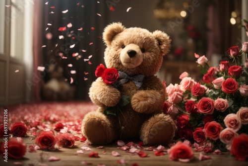 A curious teddy bear, its fluffy fur ruffled from its previous adventures, eagerly attempting to climb a bouquet of delicate roses. The scattered petals hint at the bear's playful nature.
