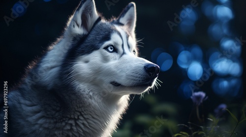Curious Companion: The Husky's bright eyes sparkle with curiosity as it observes its surroundings. Its keen intellect is evident in its gaze, capturing a moment of thoughtful contemplation