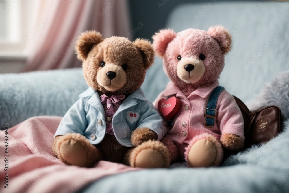 Two charming teddy bears, one in a delicate shade of pink and the other in a rich royal blue, perched on a heart-adorned blanket as they share a box of mouth-watering chocolates.