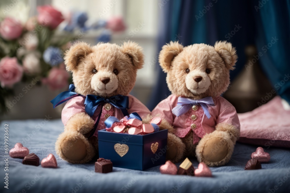 Two charming teddy bears, one in a delicate shade of pink and the other in a rich royal blue, perched on a heart-adorned blanket as they share a box of mouth-watering chocolates.