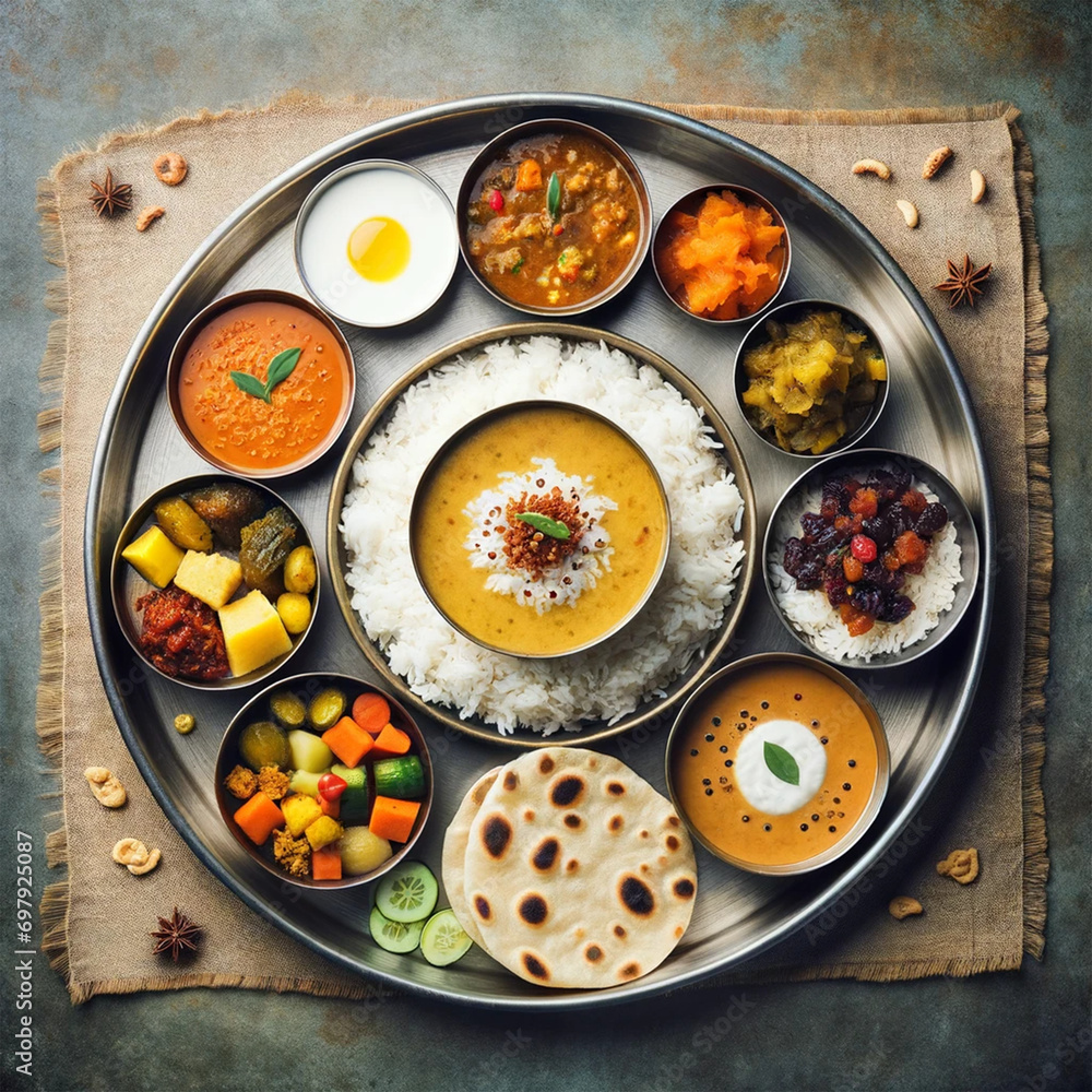 A beautifully arranged top-view image of a traditional Indian thali. A beautifully arranged top-view image of a traditional Indian thali.