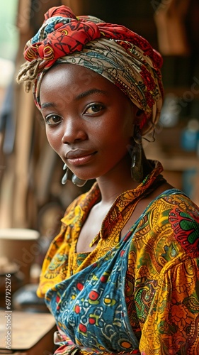 African female tailor at the production table, utilising fabric scraps and designs to create new garments . © tongpatong