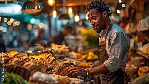 A black man selects bread in the supermarket store.