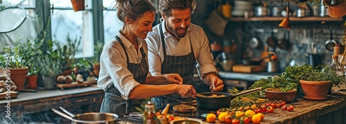 In the kitchen, a contented young couple enjoys cooking fresh, healthful food.. photo