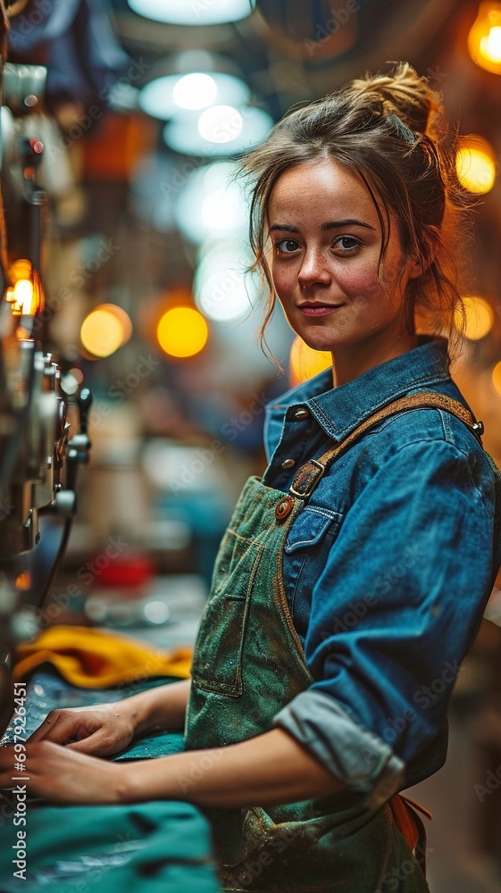 A female tailor employed at the sewing factory. A female tailor employed at the sewing factory.