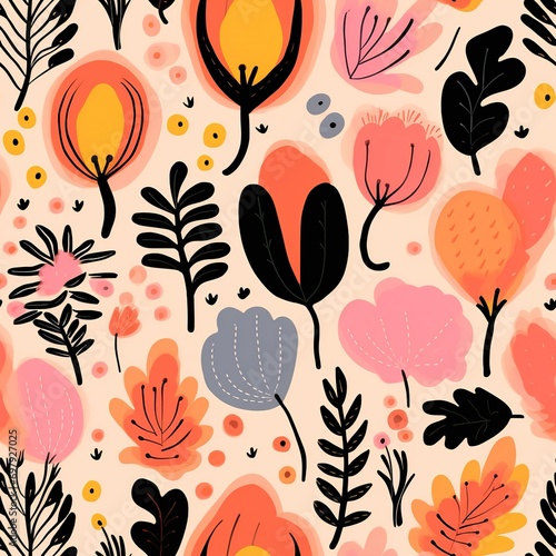 Seamless pattern with hand drawn flowers and leaves