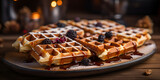 Whole and pieces chocolate waffles glass of milk on a gray background, Belgian waffles with different sauces berries chocolate ice cream, Delicious Strawberry Topped Chocolate and Maple Syrup Waffles,