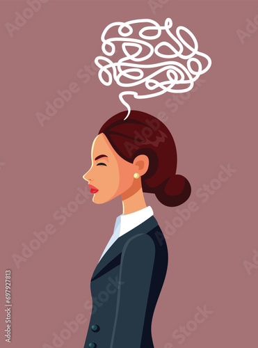 Thoughtful Businesswoman with a Sad Expression in a Cartoon Vector Illustration. Reflective office worker feeling sad and pensive 

