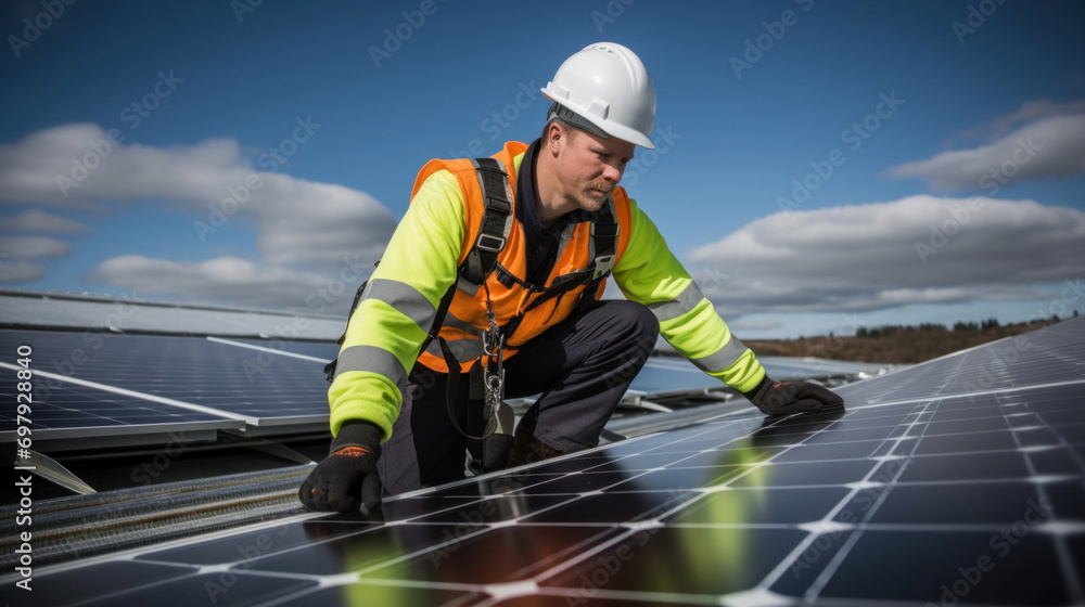 Solar engineer in a high-visibility vest performs maintenance on solar panels under a clear blue sky. Solar engineer in a high-visibility vest performs maintenance on solar panels under a clear blue sky.