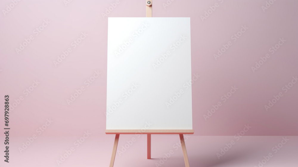 A blank white canvas on a wooden easel against a soft pink background, space for creativity. A blank white canvas on a wooden easel against a soft pink background, space for creativity.