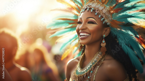 A radiant woman with a bright smile in a colorful feathered headdress enjoying a festive carnival atmosphere.