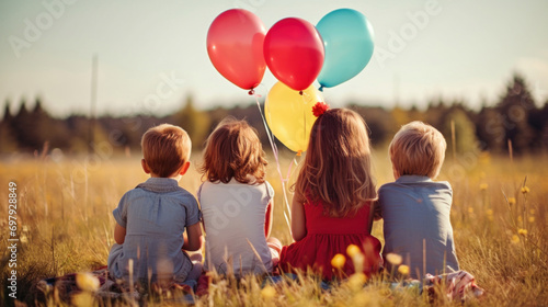 Four children from behind, sitting in a field, holding colorful balloons on a sunny day. photo