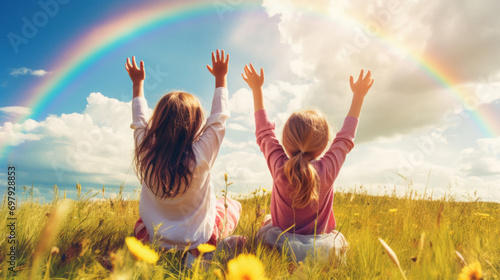 Two children with arms raised high, sitting in a meadow, reaching towards a vibrant rainbow.