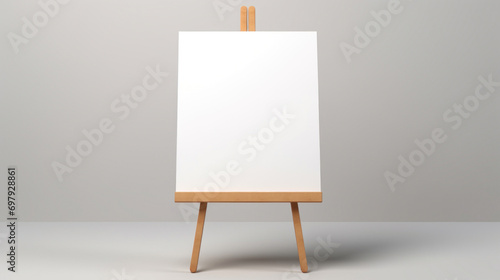 A blank white canvas on a wooden easel against a soft gray background, space for creativity.