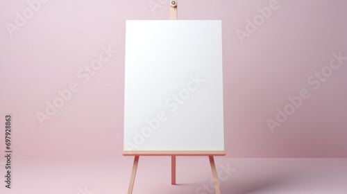 A blank white canvas on a wooden easel against a soft pink background, space for creativity.