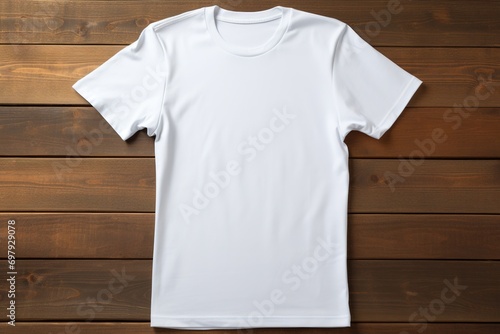 White t-shirt on wooden background, top view. Mockup for design