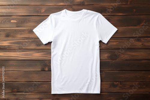 White t-shirt on wooden background, top view. Mockup for design