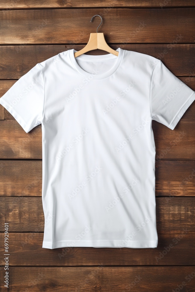 White t-shirt on wooden background, top view. Mockup for design White t-shirt on wooden background, top view. Mockup for design