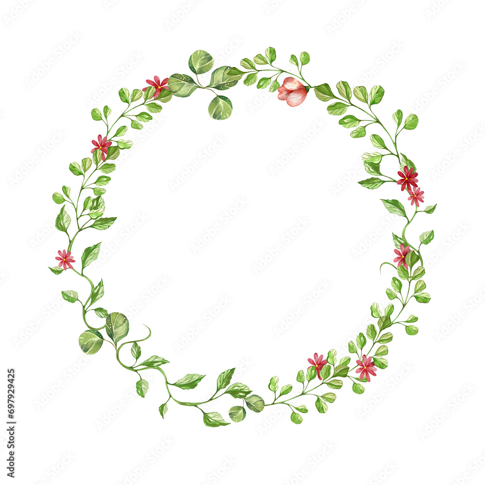 The frame is a wreath of wild herbs and flowers. watercolor illustration. isolated on a white background. for the design of postcards, invitations