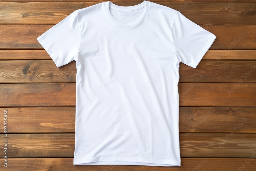 White t-shirt on wooden background, top view. Mockup for design White t-shirt on wooden background, top view. Mockup for design
