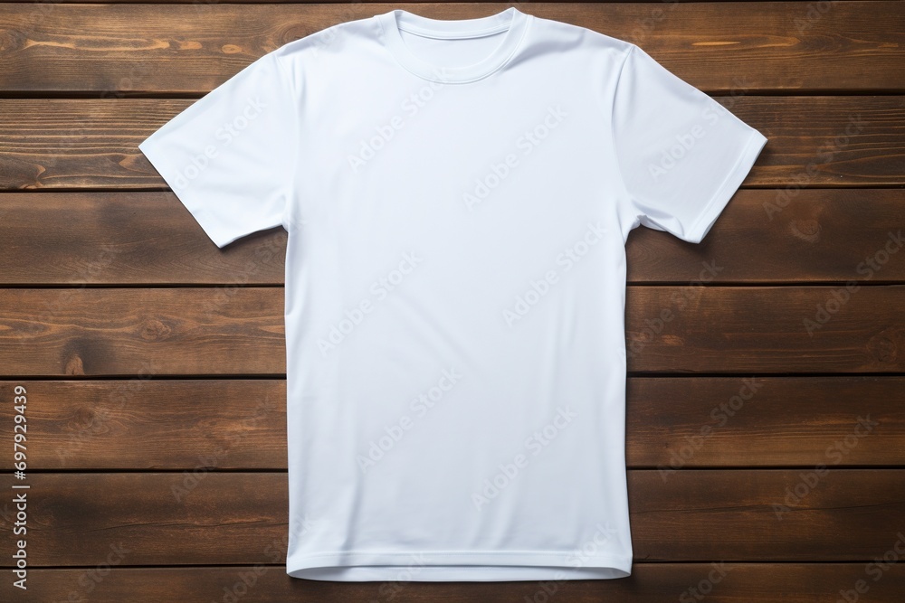 White t-shirt on wooden background, top view. Mockup for design White t-shirt on wooden background, top view. Mockup for design