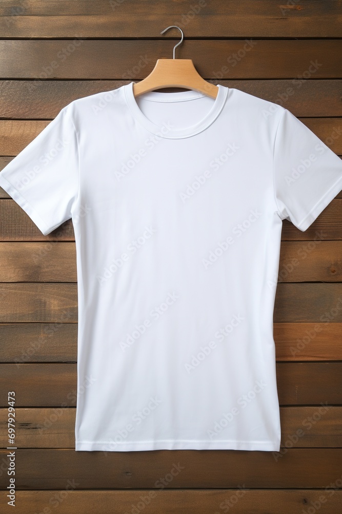White t-shirt on wooden background, top view. Mockup for design White t-shirt on wooden background, top view. Mockup for design