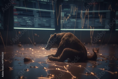 Stock market downturn during global financial crisis depicted in falling bearish chart prices on Wall Street. Generative AI photo