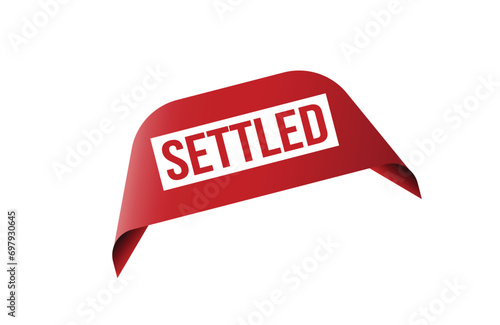 Settled red ribbon label banner. Open available now sign or Settled tag.