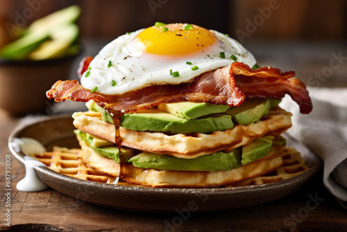 Golden brown waffles with a poached egg and avocado. (Generative AI)