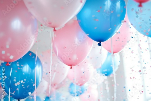 colorful balloons with confetti in the air, birthday party background. Blue, pink and white balloons. Background. Birthday. Holiday. Generative AI