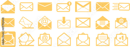 Mails icons Set. Email, post, letter, envelopes isolated on transparent background. Vectors in yellow flat designs, adapted e-mail icons for web site and mobile apps. Open envelope, message pictogram.
