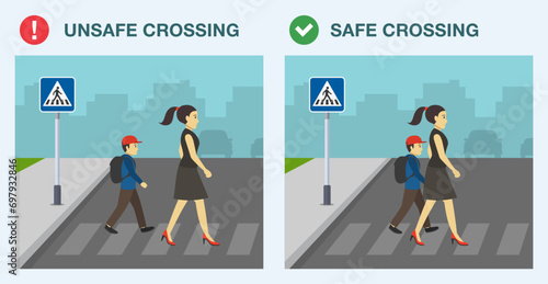 Pedestrian safety tips and rules. Safe and unsafe crossing. Side view of a mom and son on crosswalk. Female character holds kid's hand. Flat vector illustration template.