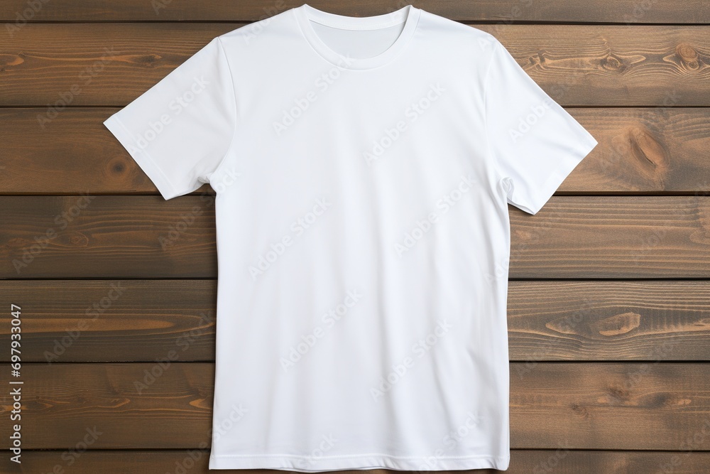 White t-shirt on wooden background, top view. Mockup for design White t-shirt on wooden background, top view. Mockup for design
