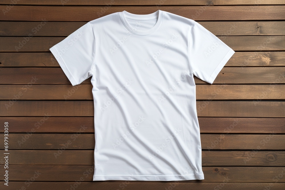White t-shirt on wooden background, top view. Mockup for design White t-shirt on wooden background, top view. Mockup for design