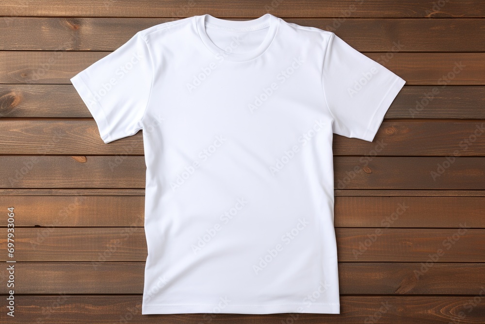 White t-shirt on wooden background, top view. Mockup for design White t-shirt on wooden background, top view. Mockup for design