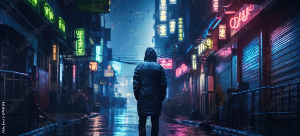 Fototapeta premium Neon lit cyberpunk alley with rain-soaked ground, intricate futuristic signs, and an enigmatic figure in the background. Banner.