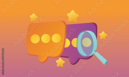 3D magnifier minimal notification icon with bubble speech floating around on background.speech chat concept.3d handmade.3d goal for technology,online social media usage illustration.