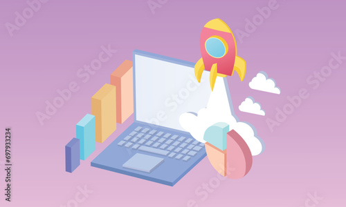 3D SEO optimization with rocket for marketing social media concept. Interface for web analytics strategy and research planing in laptop.3d handmade.