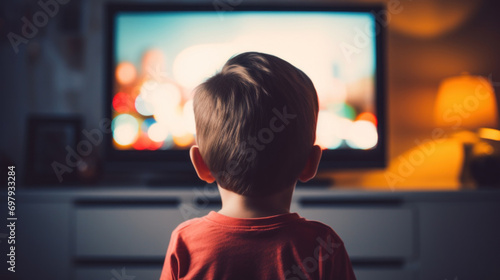 Back view of a young child intently watching a colorful television screen in a dark room, illustrating screen time in childhood. photo