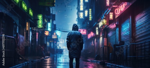 Neon lit cyberpunk alley with rain-soaked ground, intricate futuristic signs, and an enigmatic figure in the background. Banner. photo