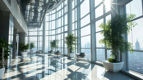 Allure of a contemporary office space adorned with panoramic windows and exquisite lighting, creating a stunning backdrop for a productive and aesthetically pleasing work environment. Ai Generate © DARIKA