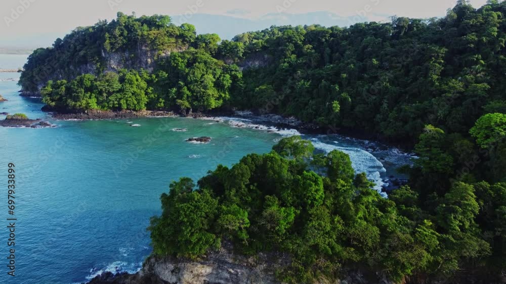 aerial scenic coastline of Costa Rica Central America travel holiday destination drone approaching paradise beach aerial scenic coastline of Costa Rica Central America travel holiday destination drone approaching paradise beach