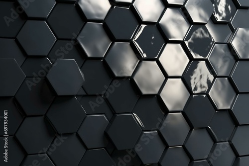 Glossy mosaic tiles form a hexagonal wall with a polished, stacked black brick background. 3D rendering. Generative AI © Lyra