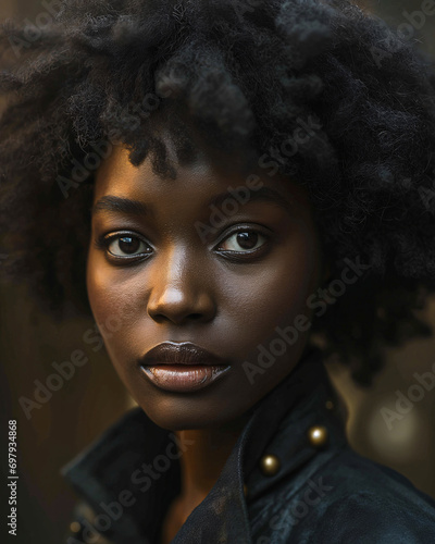An intense gaze meets the viewer as a woman with dark hair and a black jacket showcases her striking jheri curl ringlets, accentuated by bold eyebrows and a subtle lip, in an indoor portrait exuding 